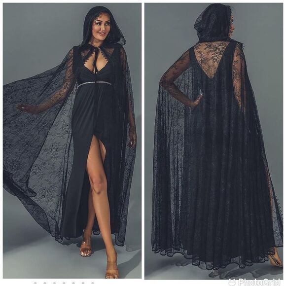 Other - Lace Hooded Cloak Black Long  Cape Full Length Costumes Cosplay Gothic Cover Up